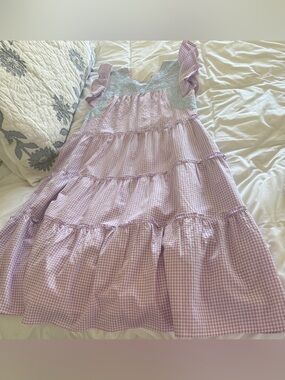 J Marie Tiered Seersucker Dress. Purple/white check - blue embroidery. Small.